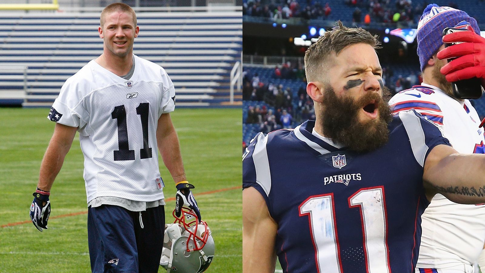 
                <strong>Julian Edelman 2009 und heute</strong><br>
                Nein, das war nicht die "Boss-Transformation". So verändert man sich, wenn man jahrelang von Bill Belichick durch die Trainingslager gepeitscht wird. 
              