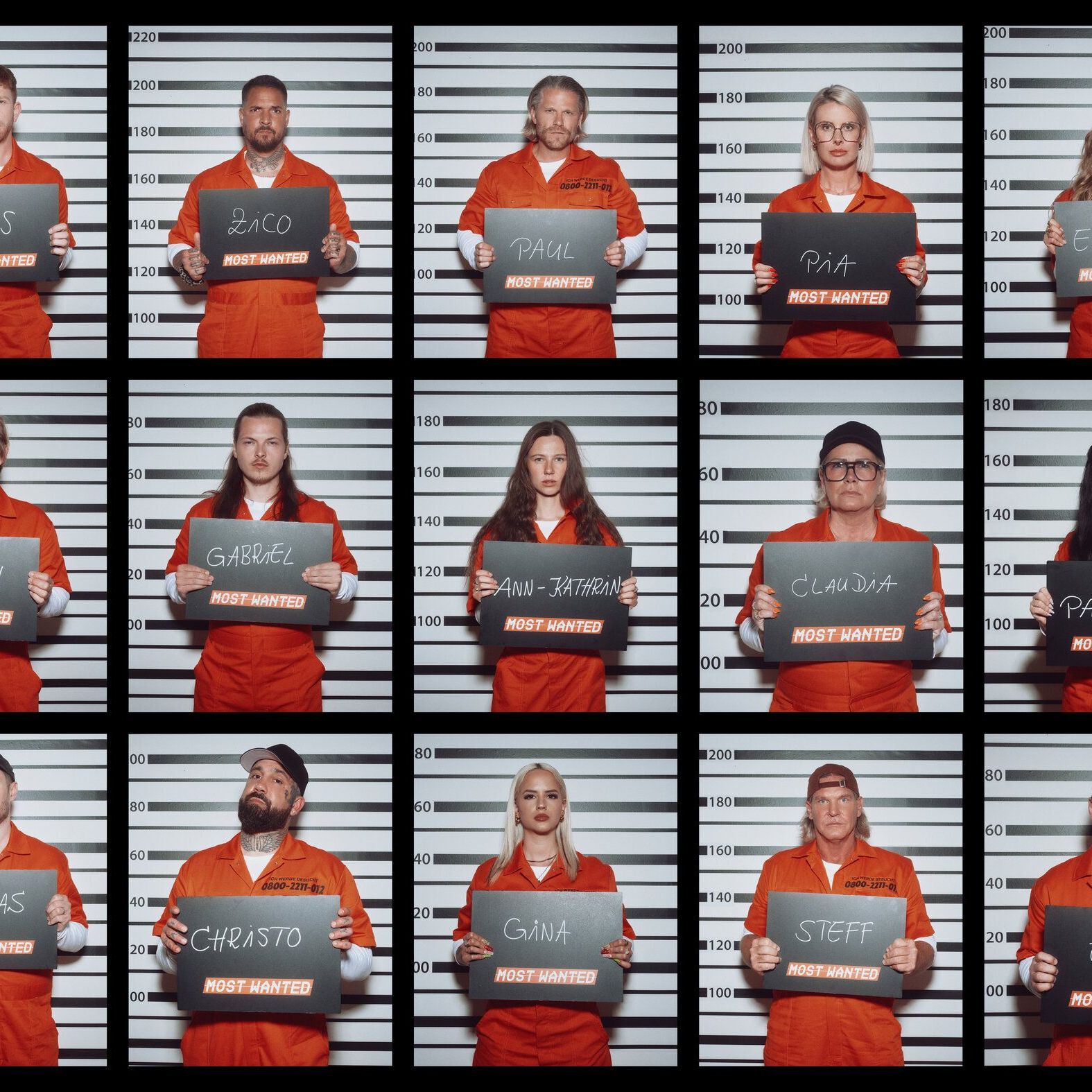 Die Teilnehmer:innen bei "Most Wanted" 2025: Gabriel Kelly; Steff Jerkel; Elena Gruschka; Parshad Esmaeili; Lars Tönsfeuerborn; Ann-Kathrin Bendixen "Affe auf Bike"; Paul Janke; Uwe Schüder "Flying Uwe"; Zico Banach; Pia Tillmann; Cbas; Claudia Effenberg; Simon Gosejohann; Christo; Gina Beckmann