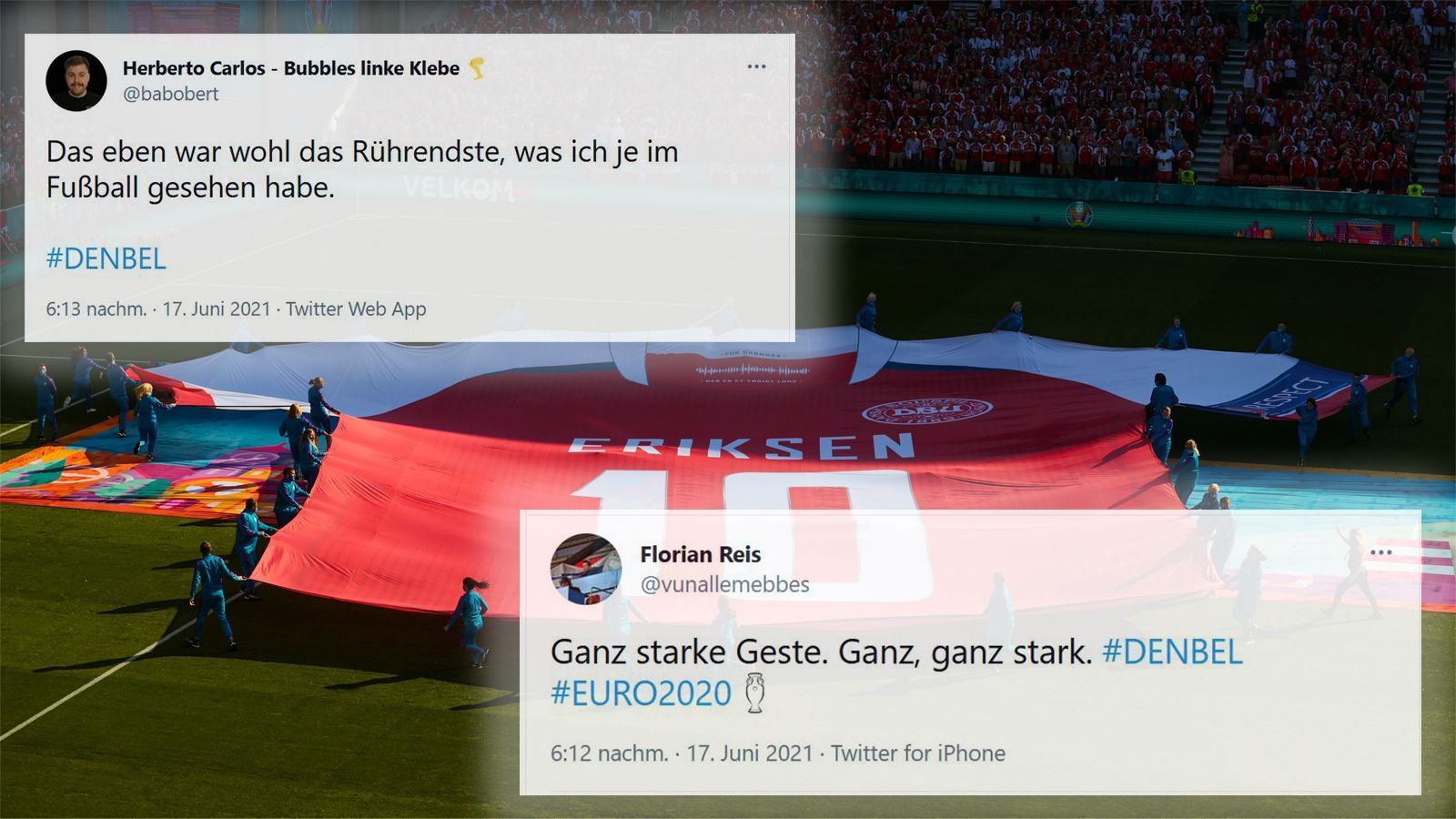 
                <strong>Gänsehaut, rührende Momente und starker Fußball - Die Netzreaktionen zu Dänemark gegen Belgien</strong><br>
                Das Spiel zwischen Dänemark und Belgien sorgt sowohl fußballerisch als auch emotional für beste Unterhaltung. ran hat die besten Reaktionen aus dem Netz zusammengestellt.
              