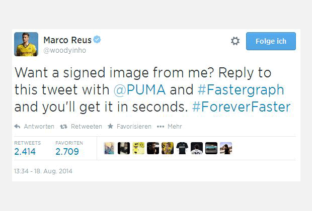 
                <strong>Der Kampagnen-Aufruf</strong><br>
                Der Sportartikelhersteller Puma will mit seiner neuen Marketing-Kampagne "Forever Faster" durchstarten. Verschiedene Markenbotschafter wie Marco Reus, Cesc Fabregas und Falcao riefen dazu auf, an sie unter dem Stichwort "@Puma #ForeverGraph" zu twittern.
              