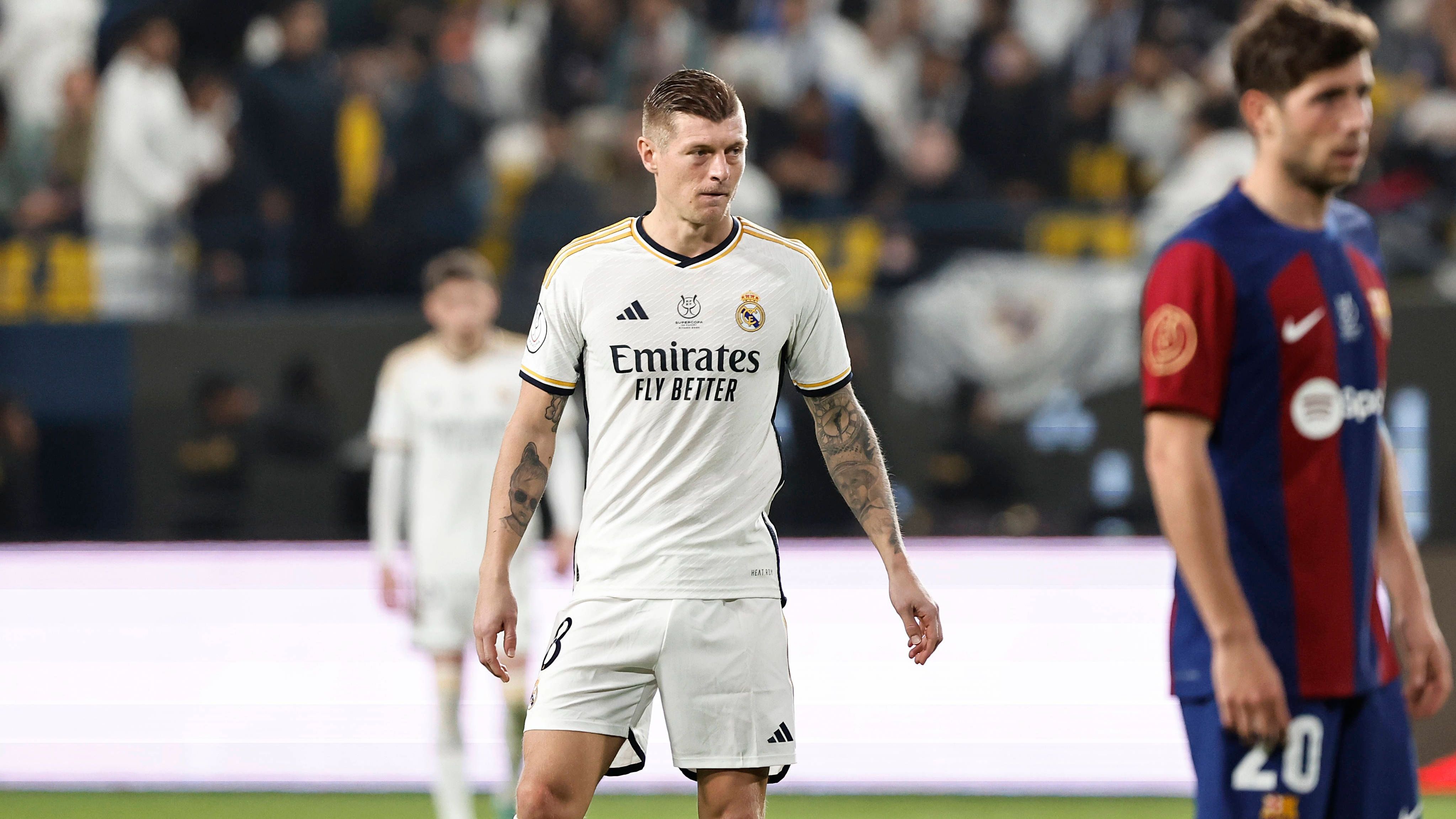 <strong>Spanischer Supercup 2024 gegen FC Barcelona</strong><br>Anfang 2024 stand im spanischen Supercup der Clasico an - und Real revanchierte sich mit dem 4:1-Sieg für die Pleite im Vorjahr. Kroos spielte bei der Vinicius-Gala (drei Tore) 81 Minuten, ehe Modric für ihn kam.