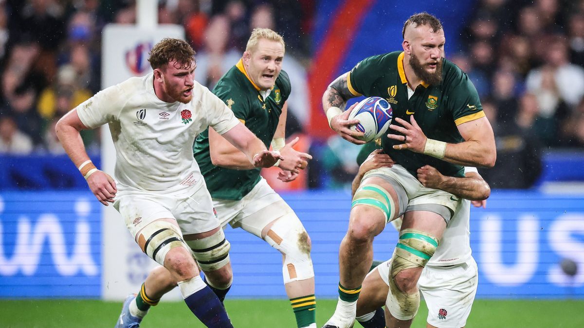 October 21, 2023, Saint-Denis, France, France: Ollie CHESSUM of England, Vincent KOCH of South Africa and Rudolph Gerhardus (Rg) SNYMAN of South Africa during the World Cup 2023, semi-final match b...