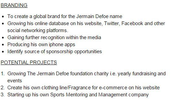 
                <strong>Jermain Defoe</strong><br>
                Zum einen soll der Kandidat sich um Defoes Auftritte in den sozialen Netzwerken kümmern, um Defoe zu einer globalen Marke zu machen. Hierfür soll der Anwärter auch eine iPhone-App erstellen. Eine eigene Bekleidungslinie und die Kreation eines eigenen Parfüms stehen auch auf der To-Do-Liste.
              