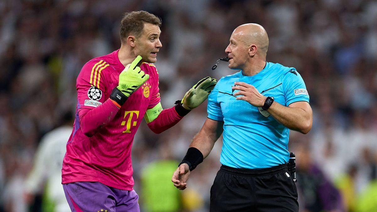May 8, 2024, Madrid, Madrid, Spain: Manuel Neuer of FC Bayern Munich (L) with referee Marciniak during the UEFA Champions League match between Real Madrid and Bayern Munich at Santiago Bernabeu Sta...