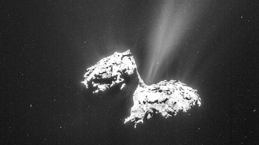 Von dort stammen auch viele Kometen, die regelmäßig durchs Zentrum des Sonnensystems kreuzen und einen Schweif aus verdampfenden Wasser hinter sich herziehen. Hier Tschurjumow-Gerassimenko („Tschuri“), 2015 aufgenommen von der Raumsonde Rosetta.