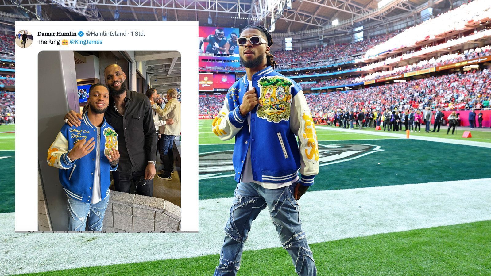 
                <strong>LeBron James</strong><br>
                Auch im State Farm Stadium: NBA-Superstar LeBron James, hier auf einem Bild mit Damar Hamlin.
              