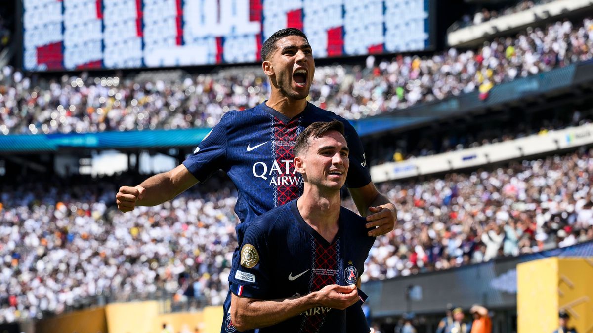 Paris Saint-Germain FC v Real Madrid CF - FIFA Club World Cup Fabian Ruiz of Paris Saint-Germain FC celebrates with Achraf Hakimi of Paris Saint-Germain FC after scoring a goal during the FIFA Club...
