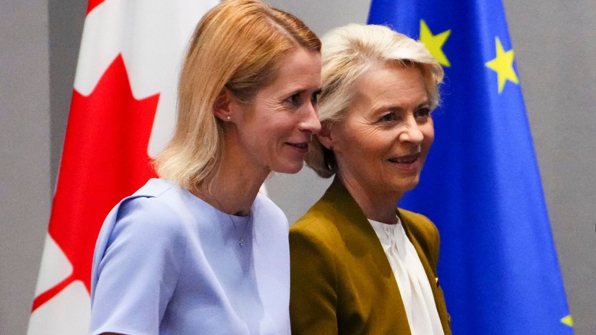 23. Juni 2025, Belgien, Brüssel: Die EU-Außenbeauftragte Kaja Kallas (links) und die Präsidentin der Europäischen Kommission, Ursula von der Leyen, sowie der kanadische Premierminister Mark Carney