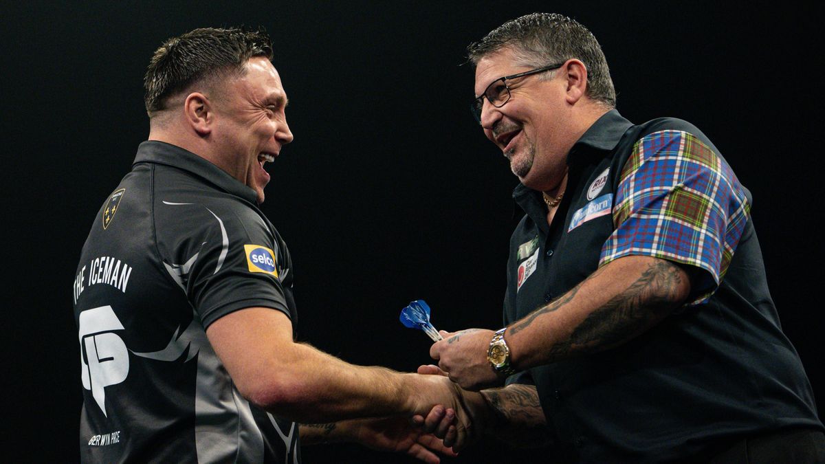 RECORD DATE NOT STATED 15th November 2023, WV Active, Aldersley, Wolverhampton, England; 2023 PDC Grand Slam of Darts, Day 5; Gary Anderson and Gerwyn Price shake hands before their match PUBLICATI...