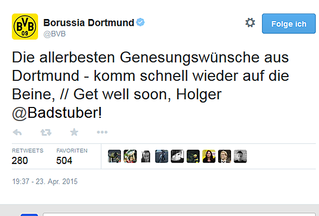 
                <strong>Wieder verletzt! Aufmunternde Worte für Holger Badstuber</strong><br>
                Sogar der Erzrivale aus Dortmund meldet sich via twitter zu Wort und wünscht dem Pechvogel alles Gute.
              