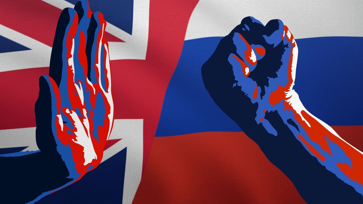 Stop gesture and fist sign - United Kingdom flag and Russia flags