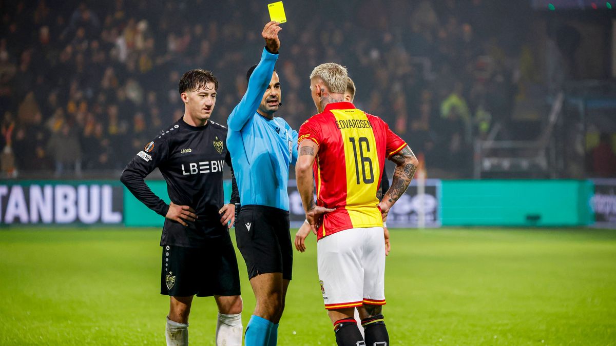 referee Mohammed Al-Hakim shows a yellow card to Victor Edvardsen of Go Ahead Eagles and Angelo Stiller of VfB Stuttgart Go Ahead Eagles v VfB Stuttgart, UEFA Europa League 2025 26 League Phase MD5...