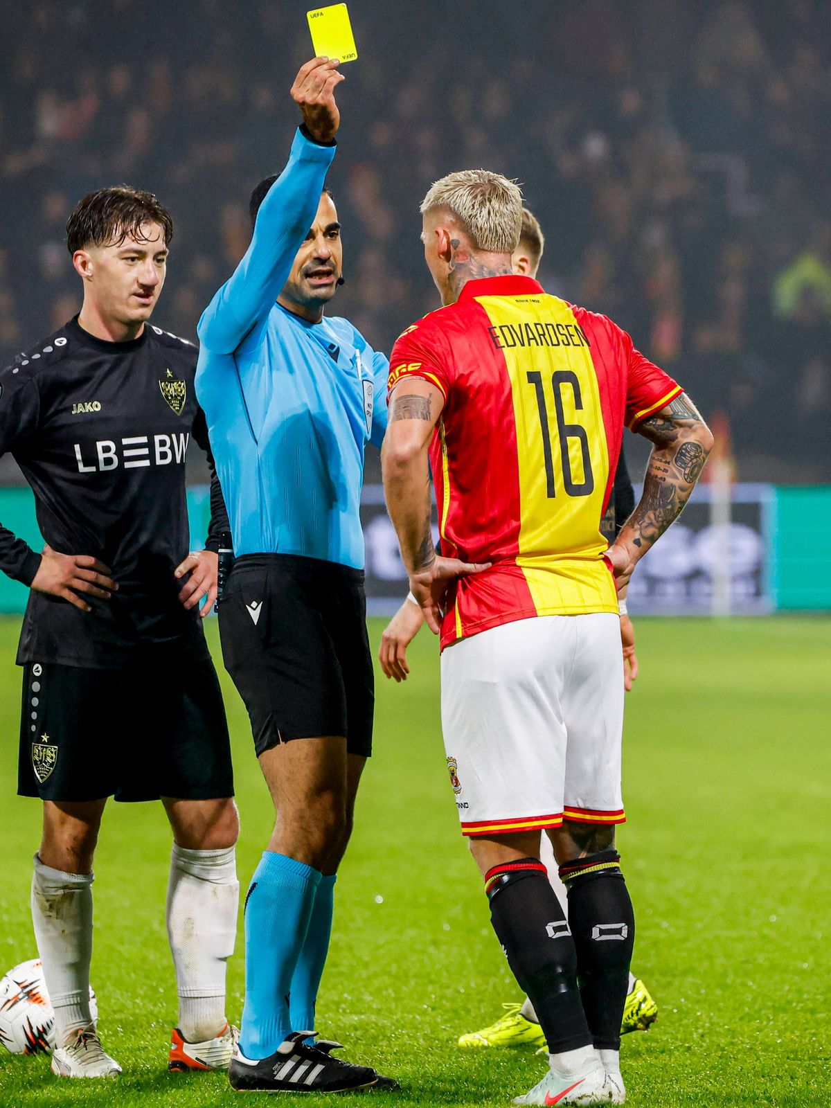 referee Mohammed Al-Hakim shows a yellow card to Victor Edvardsen of Go Ahead Eagles and Angelo Stiller of VfB Stuttgart Go Ahead Eagles v VfB Stuttgart, UEFA Europa League 2025 26 League Phase MD5...