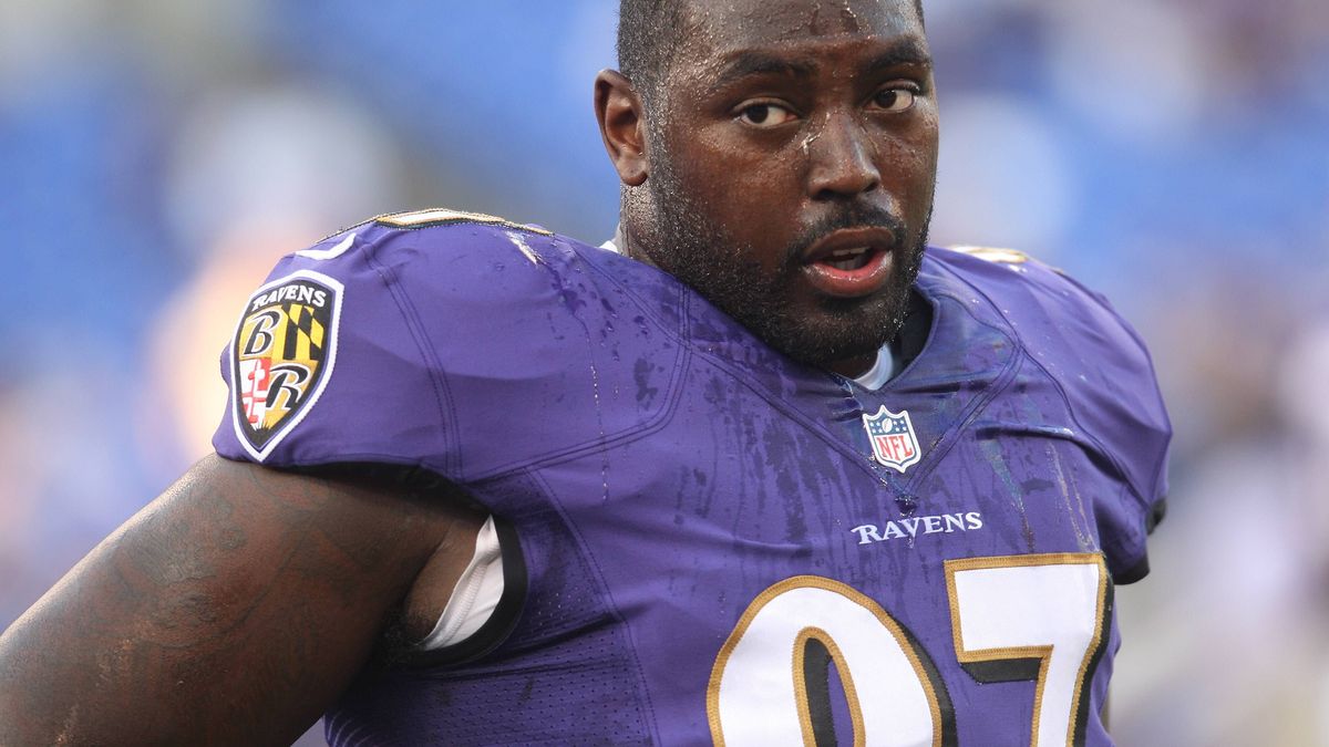 Aug. 15, 2013 - Baltimore, MD, United States of America - Baltimore Ravens DT Arthur Jones (97). Atlanta Falcons vs Baltimore Ravens at M&T Bank Stadium in Baltimore, MD on August 15, 2013. Photo: ...