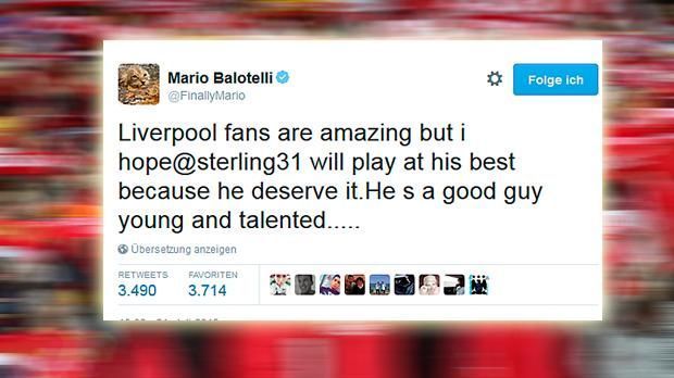 
                <strong>Twitter-Lob für Sterling: Balotelli macht Liverpool-Fans wütend</strong><br>
                "Liverpool-Fans sind großartig, aber ich hoffe, Sterling wird gut spielen, weil er es verdient hat. Er ist ein guter Typ, jung und talentiert", verteidigt Balotelli den 20-Jährigen.
              