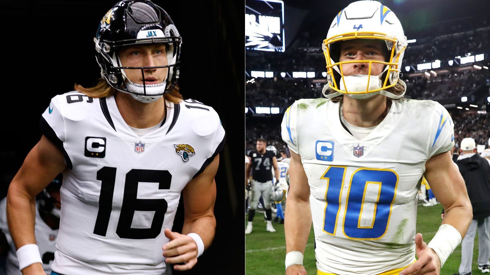 
                <strong>Trevor Lawrence vs. Justin Herbert - Playoff-Neulinge im Duell</strong><br>
                Trevor Lawrence (l.) und Justin Herbert betreten in dieser Saison Neuland, denn beide sind erstmals in den Playoffs dabei. Und die beiden Quarterback-Youngster treffen dabei in der Wild Card Round direkt aufeinander - beim AFC-Duell Jacksonville Jaguars gegen Los Angeles Chargers (So., ab 2:15 Uhr live auf ProSieben und ran.de). Vor der Partie vergleicht ran die beiden Signal Caller, die mit vielen Vorschusslorbeeren in die NFL gekommen sind.
              