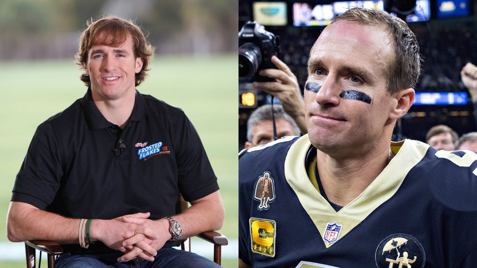 
                <strong>Drew Brees 2009 und heute</strong><br>
                Das mit der Haarpracht kann Drew Brees gut nachvollziehen. Auch beim Star-Quarterback der Saints ist es auf dem Kopf etwas windiger geworden. Dafür seit 2009 dazu gekommen: Ein Super-Bowl-Titel, das Walter-Peyton-Abzeichen auf dem Trikot und der Rekord der meisten Passing-Yards in der NFL. 
              