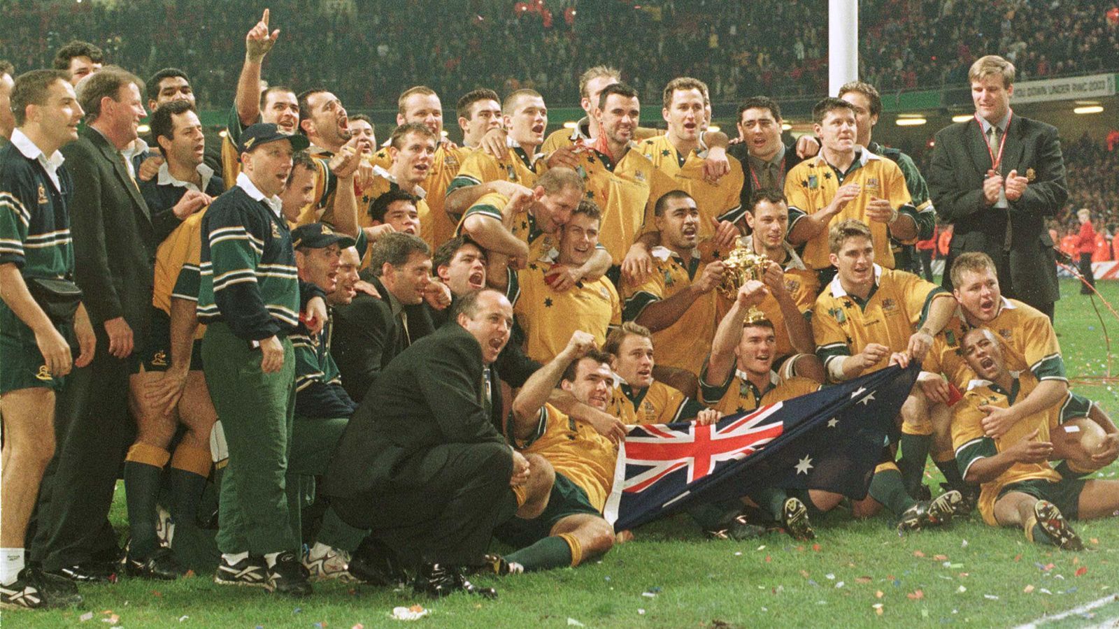 <strong>Australien 1999</strong><br>
                Gastgeber: Wales; Finale: Australien - Frankreich 35:12
