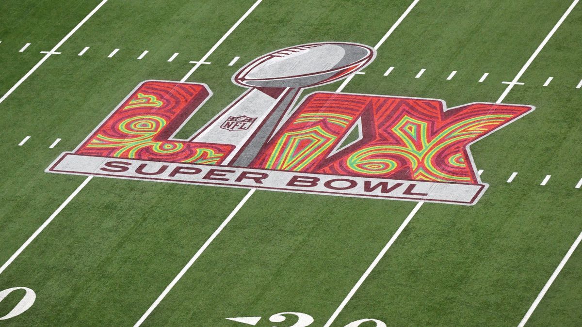 The Super Bowl Logo is seen on the field before the start of Super Bowl LIX between the Philadelphia Eagles and the Kansas City Chiefs at Caesars Superdome in New Orleans on Sunday, February 9, 202...