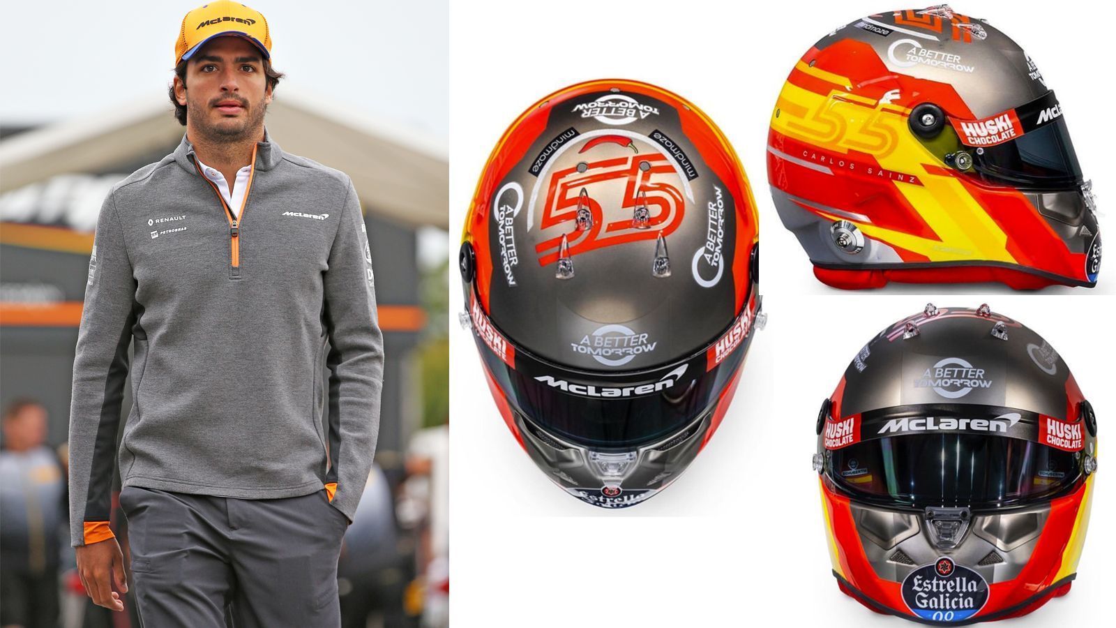 
                <strong>Carlos Sainz (McLaren F1)</strong><br>
                Carlos Sainz setzt bei der Farbwahl seines Helmes für die Saison 2020 auf verschiedene Grau-Töne und trägt die spanische Flagge weitflächig am Kopf.
              