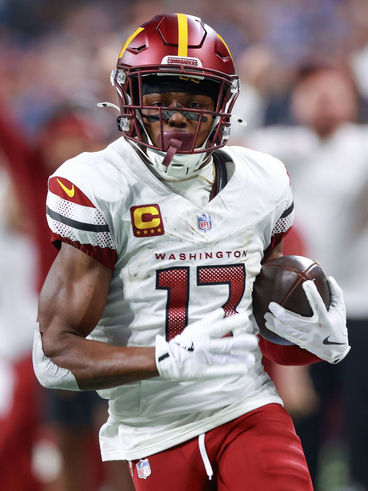 Washington Commanders vs. Detroit Lions DETROIT,MICHIGAN-JANUARY 18: Wide receiver Terry McLaurin (17) of the Washington Commanders runs in a touchdown during an NFL, American Football Herren, USA ...