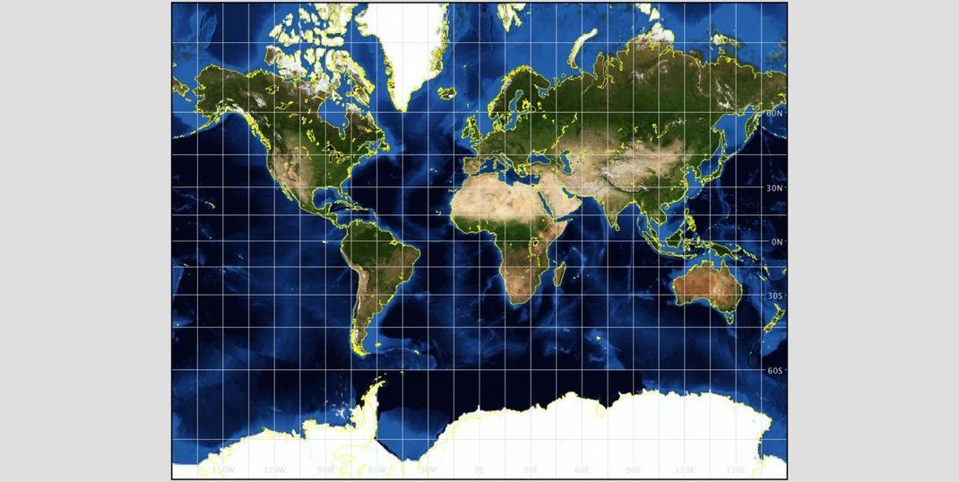 Moderne Mercator-Projektion. Alle Breiten- und Längengrade sind schnurgerade. Dafür sind die Größenverhältnisse extrem verzerrt.