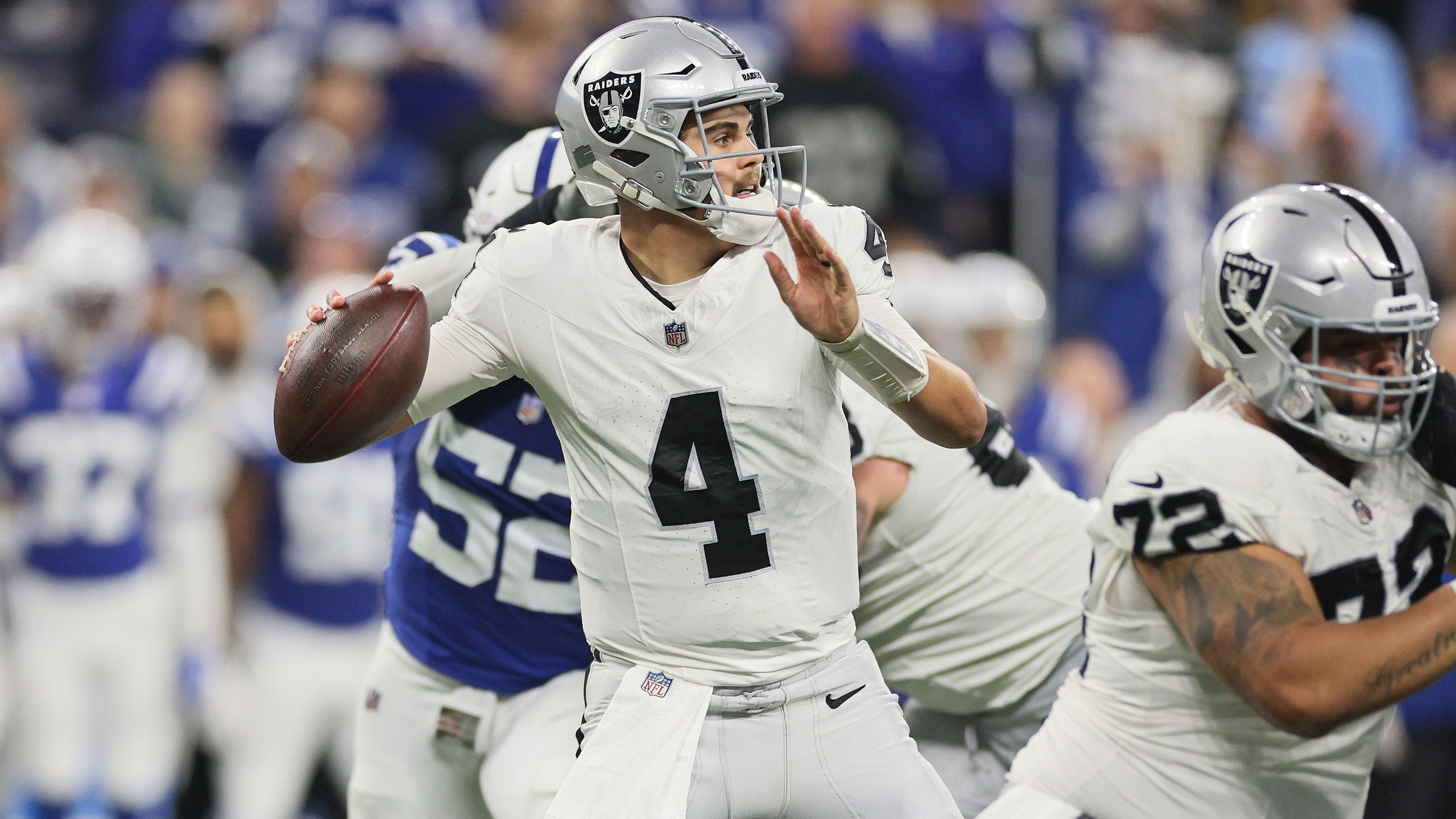 <strong>Platz 22: Las Vegas Raiders</strong><br>Gesamtentfernung: 223 Yards<br>Passing Touchdowns insgesamt: 20<br>Häufig eingesetzte Quarterbacks: Aidan O'Connell (Foto, 12 TDs in 11 Spielen) und Jimmy Garoppolo (7 TDs in 7 Spielen)