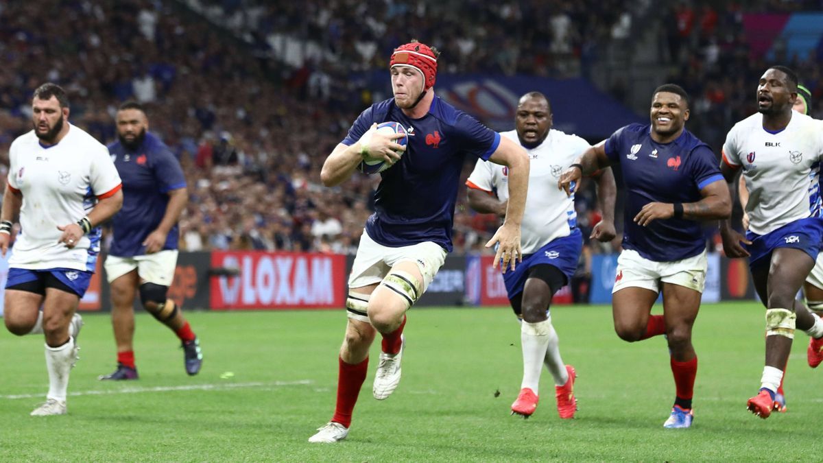 September 21, 2023, Marseille, Provence-Alpes-CoÂ te dÃ¢â‚¬â ¢Azur, France: THIBAUD FLAMENT of Team FRANCE scores his team sixth try in the Pool A game between France and Namibia of the Rugby World...