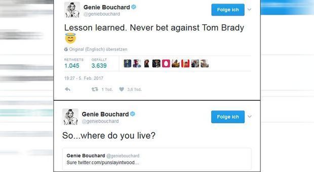 
                <strong>Gewinner: Bouchard-Fan</strong><br>
                Wer hatte nach der zwischenzeitlichen 28:3-Führung für die Atlanta Falcons im Super Bowl 2017 eigentlich noch mit einem Sieg der New England Patriots gerechnet? Tennisspielerin Genie Bouchard jedenfalls nicht! Siegessicher schreibt die Kanadierin während des Spiels auf Twitter: "Ich wusste, dass Atlanta gewinnt." Ein User meldet sich zu Wort und fragt: "Gehen wir auf ein Date, wenn die Patriots doch noch gewinnen?" Daraufhin Bouchard: "Klar!"
              