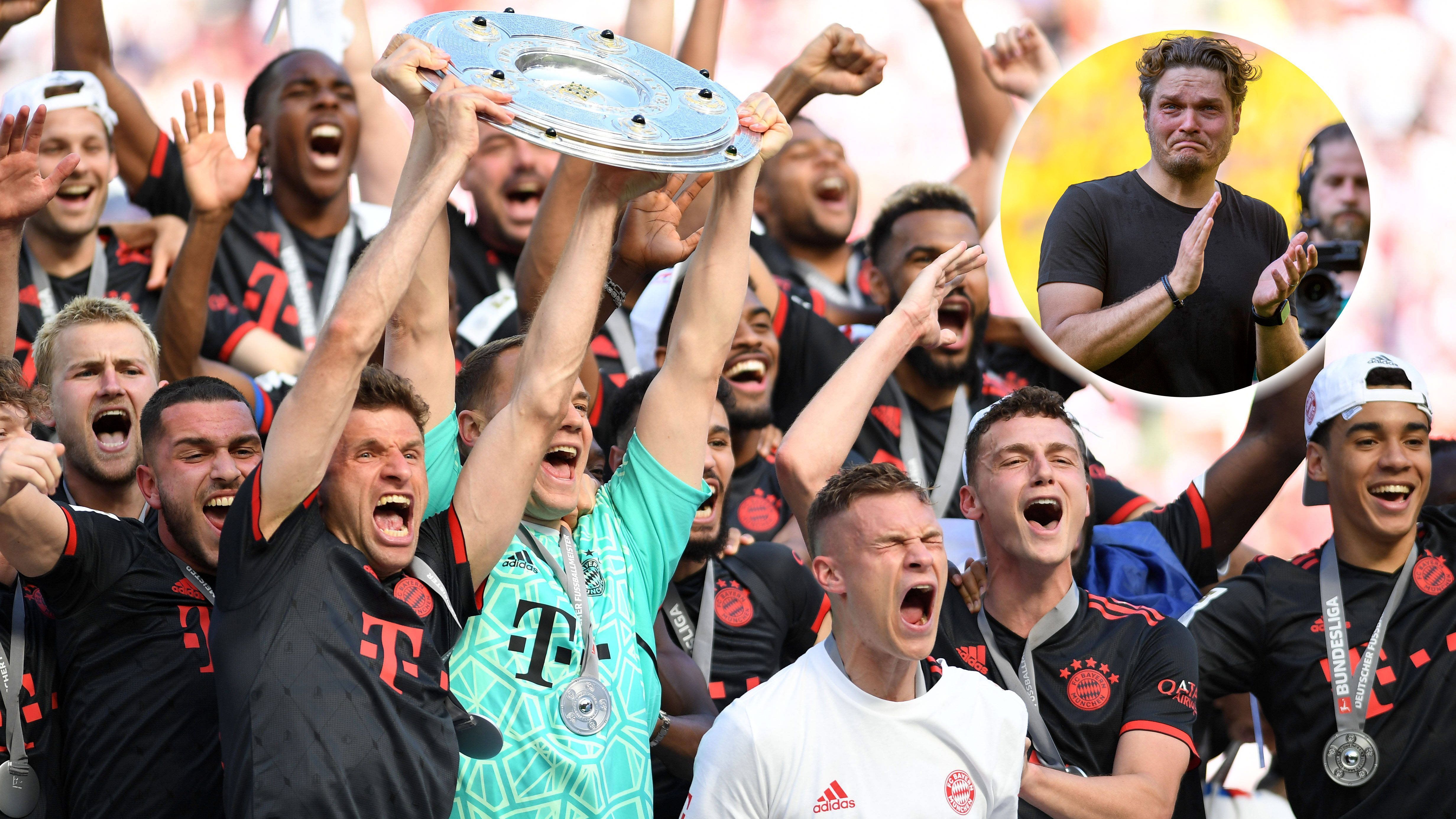 
                <strong>Last-Minute-Meister</strong><br>
                Und doch bleibt den Münchnern eine Saison ohne Titel erspart. Jamal Musiala wird mit seinem späten 2:1-Siegtreffer in Köln zum Match- ach was, zum Meisterschaftswinner. Die Bayern werden Meister - auch weil der BVB es nicht schafft, zuhause gegen Mainz (2:2) zu gewinnen. Doch noch das Happy End einer scheinbar verkorksten Saison?
              