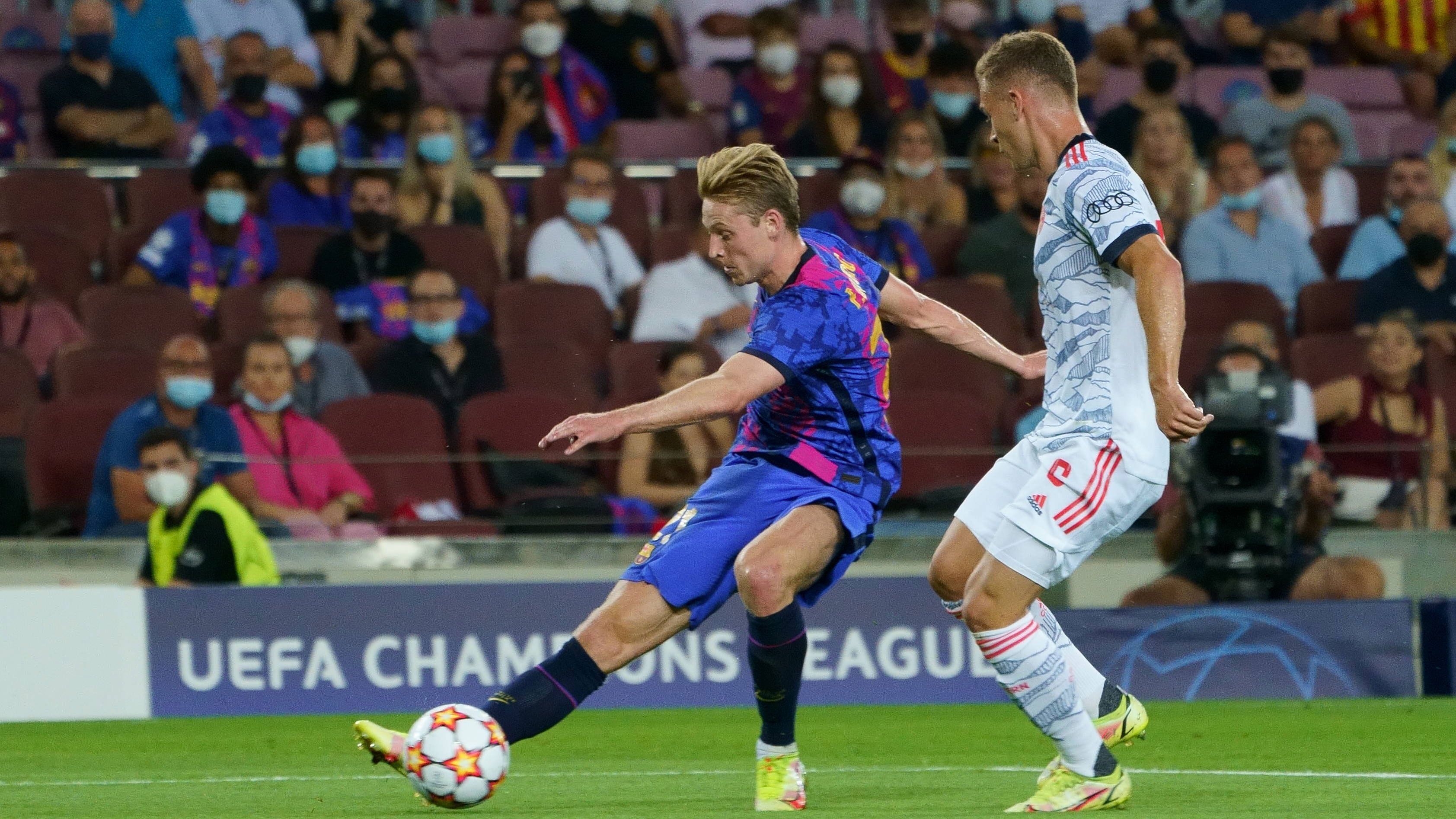 
                <strong>Frenkie de Jong</strong><br>
                Hängt Joshua Kimmich nach nur vier Minuten eine Gelbe Karte an. Holt sich immer wieder Bälle vor der Abwehr ab und lenkt das Spiel der Gastgeber. Der Spielaufbau lastet aber oftmals zu sehr auf den Schultern des Niederländers, dem die entscheidenden Akzente fehlen. Nach der Busquets-Auswechslung lässt er sich noch mehr in die Abwehr fallen. ran-Note: 4
              