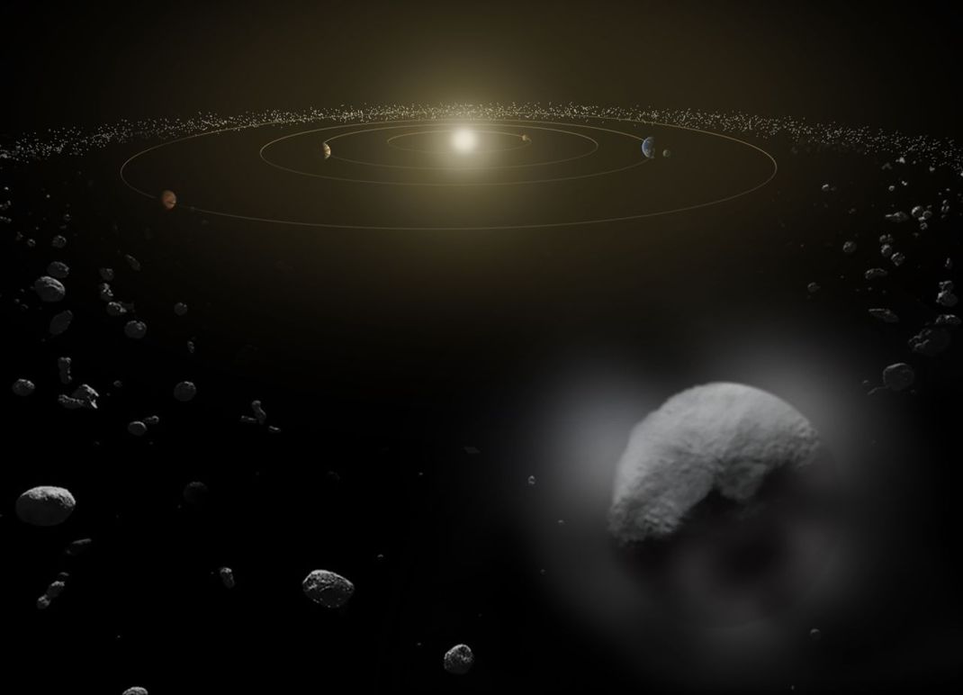 Sobald Jupiter und Saturn zu einer bestimmten Größe angewachsen waren, ließe ihre Schwerkraft mutmaßlich keinen weiteren Planeten zwischen Mars und Jupiter mehr zu. Daher rotiert in dieser Lücke womöglich der Asteroidengürtel um die Sonne - ein ausgedehntes Band von Trümmerstücken. 