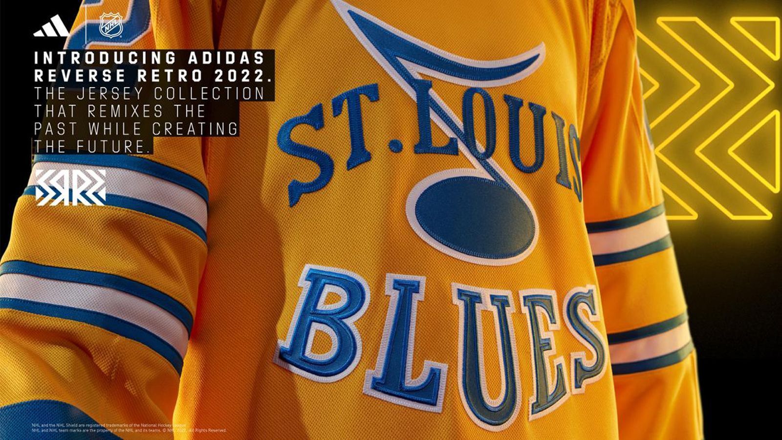 
                <strong>St. Louis Blues</strong><br>
                Die Blues ehren ihr erstes Trikot aus dem Jahr 1966, ein Prototyp, der von den Besitzern des Vereins ein Jahr vor dem Start des Teams getragen wurde. Die Kombination aus Gold und Blau ist vom dritten Trikot der Blues und anderen historischen Trikots inspiriert, darunter die Trikots der Winter Classic 2017 und 2022.
              
