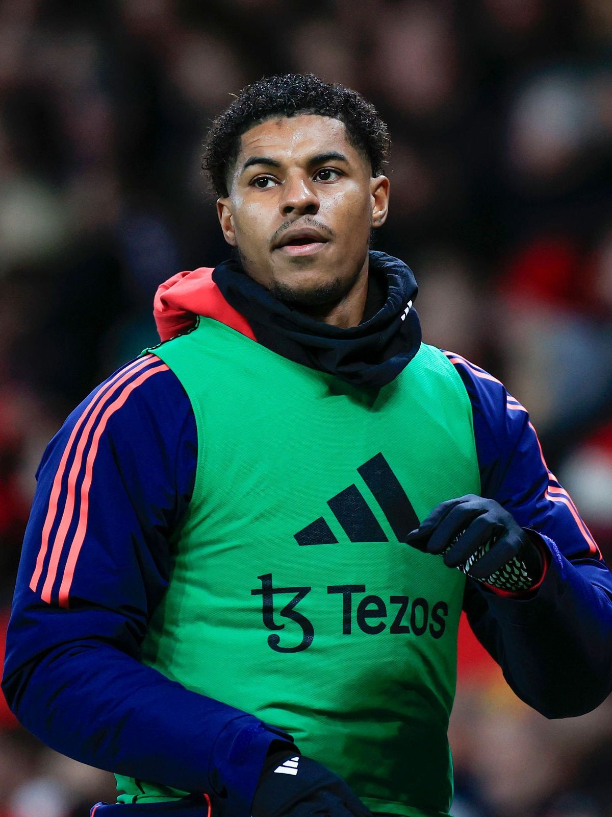 Manchester United, ManU v Newcastle United Premier League 30 12 2024. Marcus Rashford (10) of Manchester United warms up on the sidelines during the Premier League match between Manchester United a...