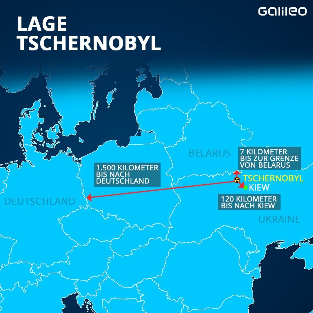 Die Lage des Kernkraftwerks Tschernobyl und die Entfernung zu Deutschland. Tschernobyl liegt im Norden der Ukraine an der Grenze zu Weißrussland.