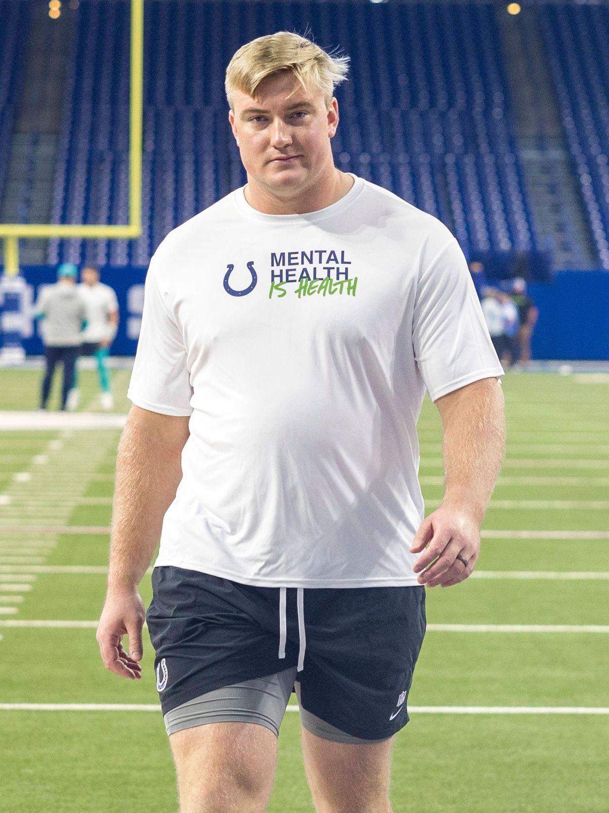 October 20, 2024: Indianapolis Colts offensive lineman Bernhard Raimann (79) wears Colts Mental Health is Health initiative t-shirt during pregame of NFL, American Football Herren, USA football gam...