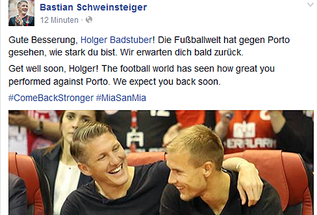 
                <strong>Wieder verletzt! Aufmunternde Worte für Holger Badstuber</strong><br>
                Bastian Schweinsteiger kennt sich ebenfalls mit schweren Verletzungen aus. Der Mittelfeldmann hebt noch einmal Badstubers starke Leistung gegen Porto hervor und geht von einer baldigen Rückkehr aus.
              