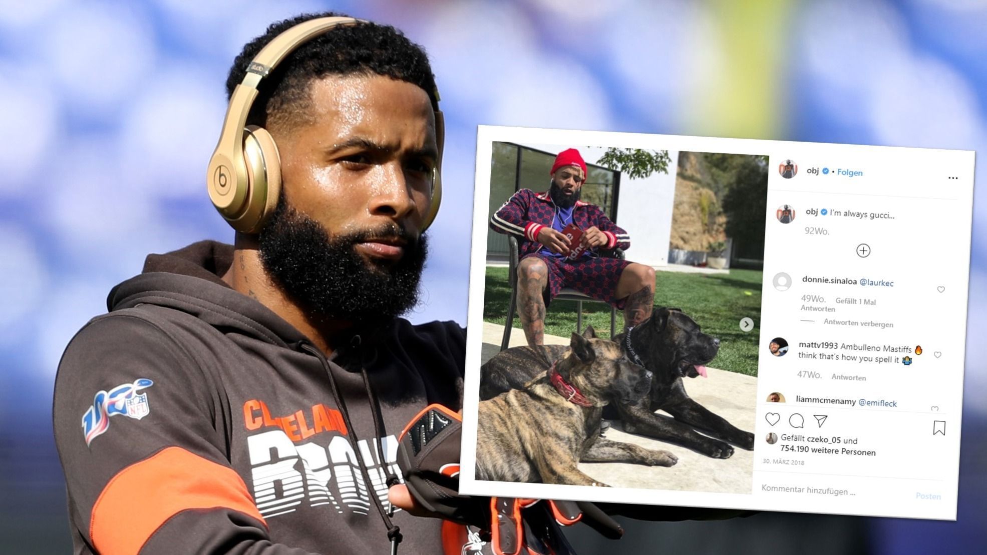 
                <strong>Odell Beckham Jr.</strong><br>
                Am National Pet Day stellte auch Odell Beckham Jr. seine vier Hunde vor: Mowgli, Khan, Eris und Blackjack. Die vier sind offenbar allesamt American Pit Bull Terrier, die bis zu 60 Pfund schwer werden können. 
              