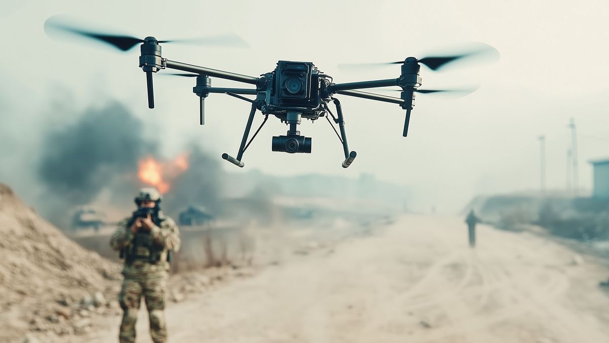 Kamikaze drone on the battlefield, modern warfare concept, generated ai
