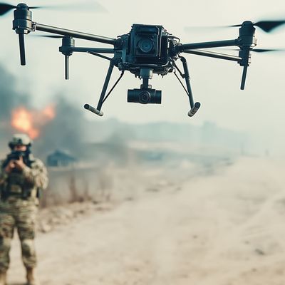 Kamikaze drone on the battlefield, modern warfare concept, generated ai