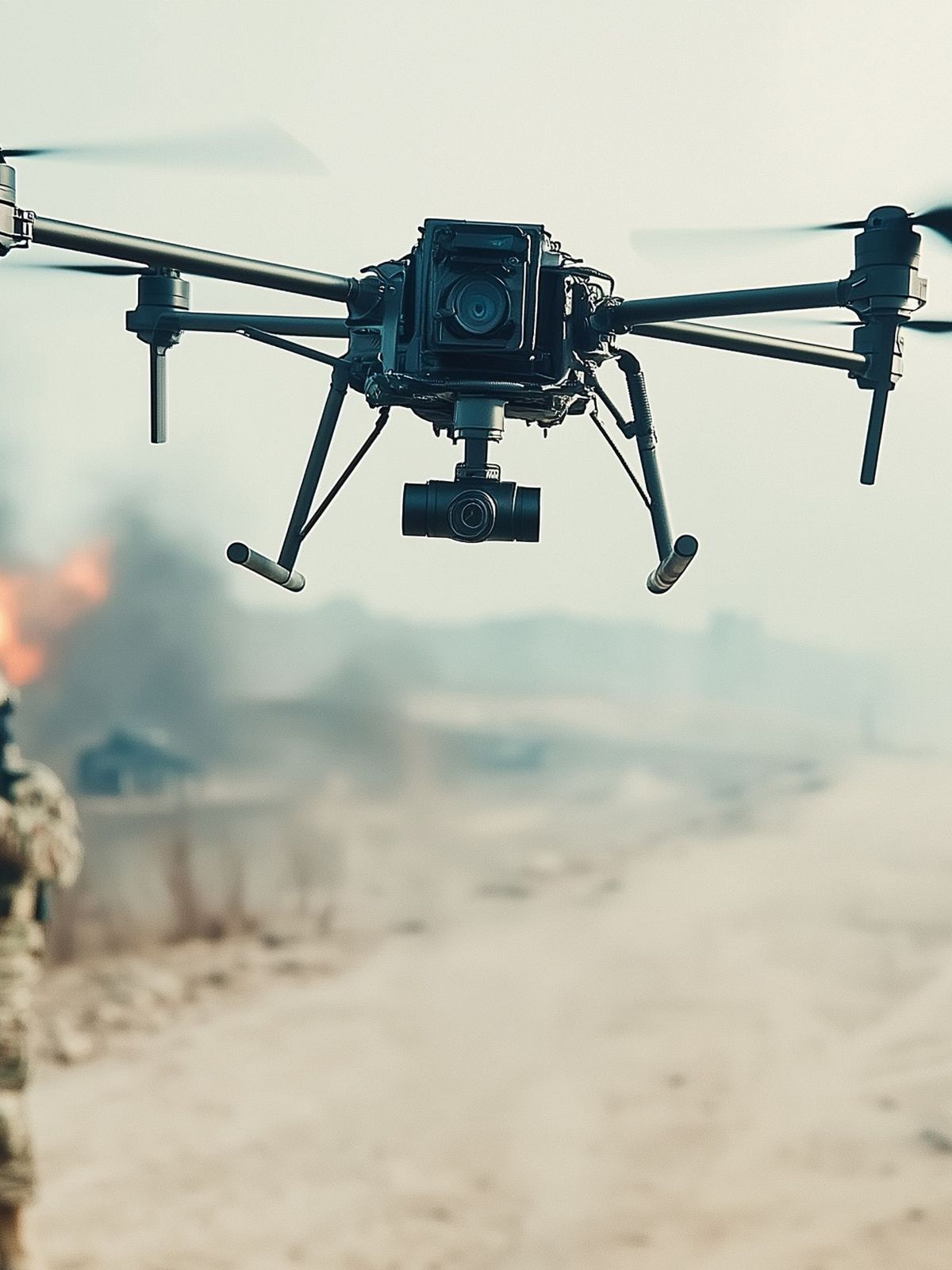 Kamikaze drone on the battlefield, modern warfare concept, generated ai