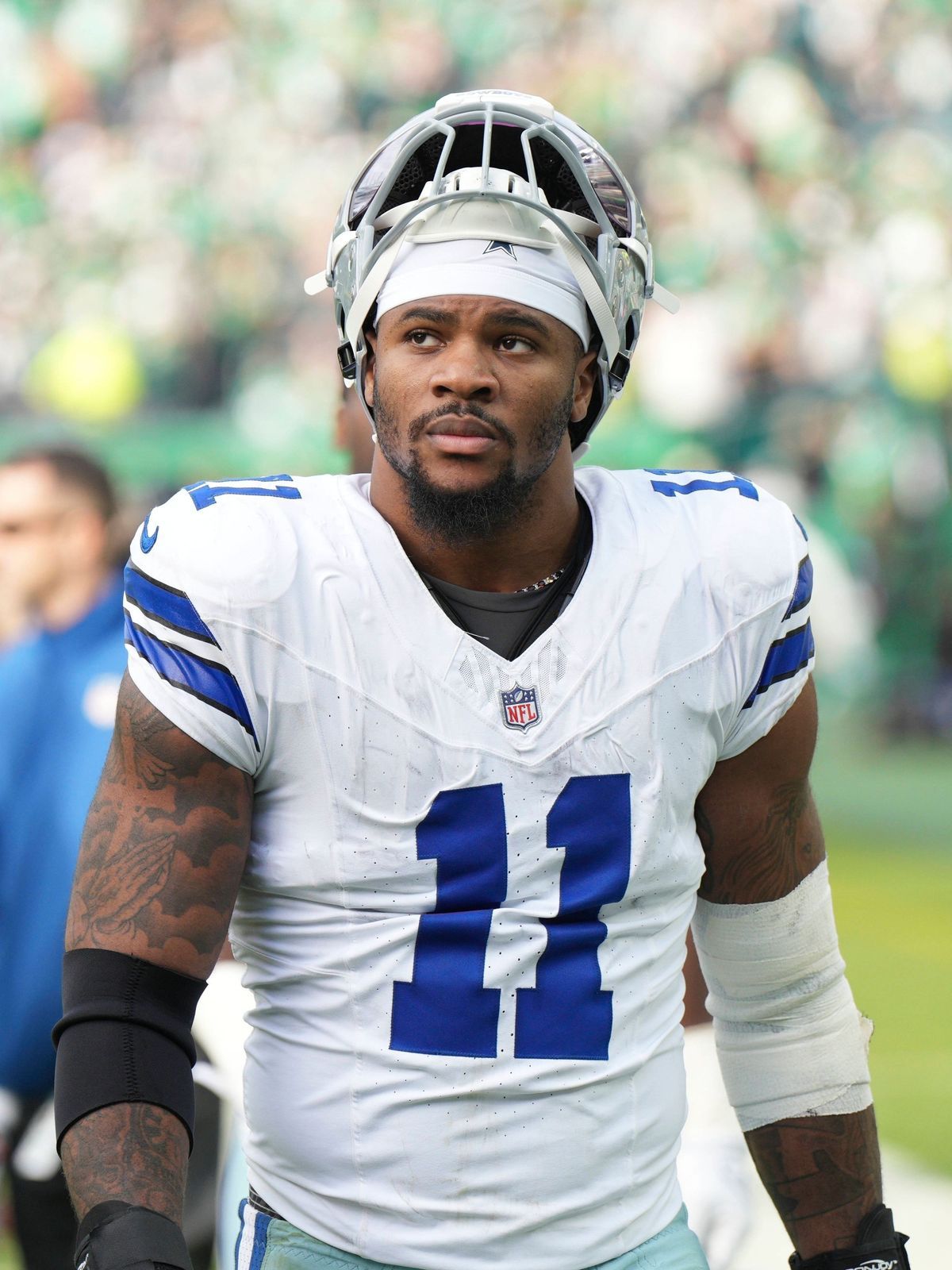 PHILADELPHIA, PA - DECEMBER 29: Dallas Cowboys linebacker Micah Parsons (11) looks on during the game between the Philadelphia Eagles and the Dallas Cowboys on December 29, 2024 at Lincoln Financia...