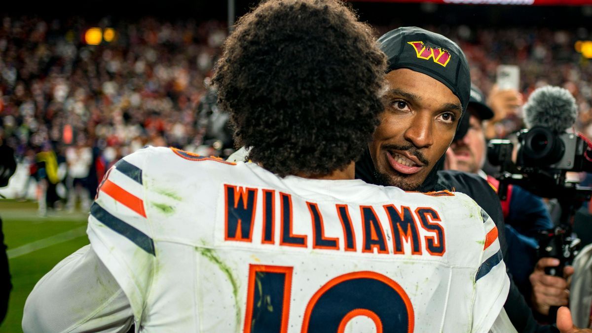 Washington Commanders quarterback Jayden Daniels (5) embraces Chicago Bears quarterback Caleb Williams (18) after a game at Northwest Stadium in Landover, Maryland on Sunday, October 27, 2024. The ...