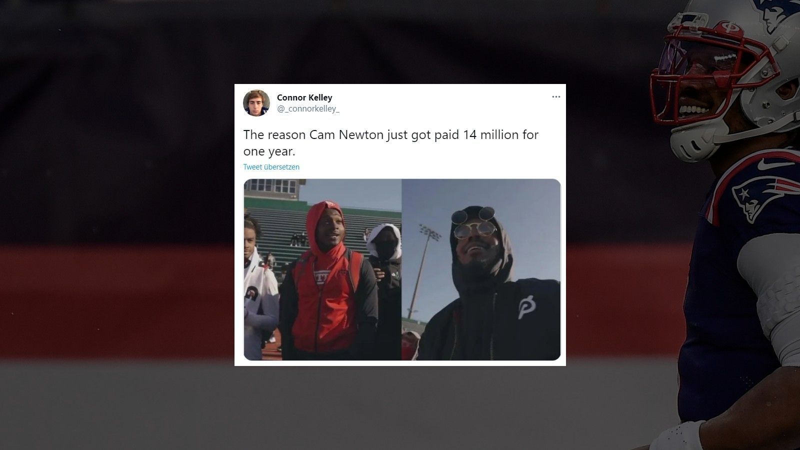 
                <strong>Netzreaktionen zum Verbleib von Cam Newton</strong><br>
                Auch das Gehalt des Quarterbacks ist Gesprächsthema. Er soll jetzt rund 14 Millionen Dollar verdienen, nachdem es 2020 nur 1,75 Millionen Dollar waren.
              
