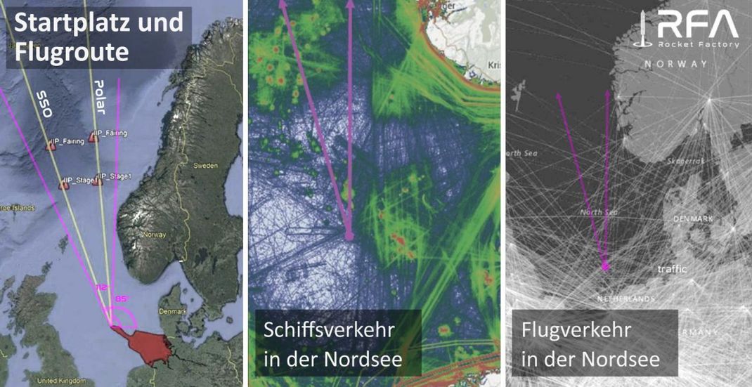 Plan für einen Startplatz in der Nordsee: Von dort überfliegen Raketen nur Wasser, wenn sie Richtung Norden starten. Auf dem Weg liegen allerdings Ölplattformen. Zudem müsste der Flug- und Schiffsverkehr eingestellt werden. Das ist aber bei Raketenstarts nicht ungewöhnlich. 