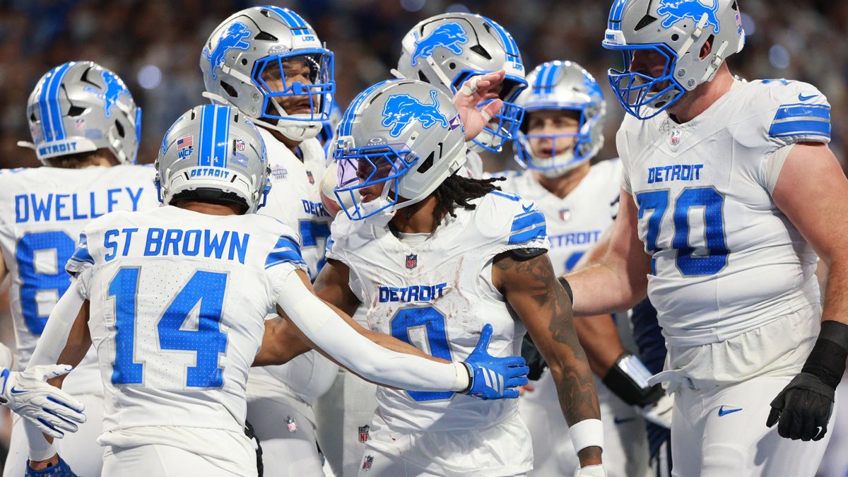 Dallas Cowboys vs Detroit Lions DETROIT,MICHIGAN-DECEMBER 4: Detroit Lions running back Jahmyr Gibbs 0 celebrates after scoring a touchdown during the first half of an NFL, American Football Herren...