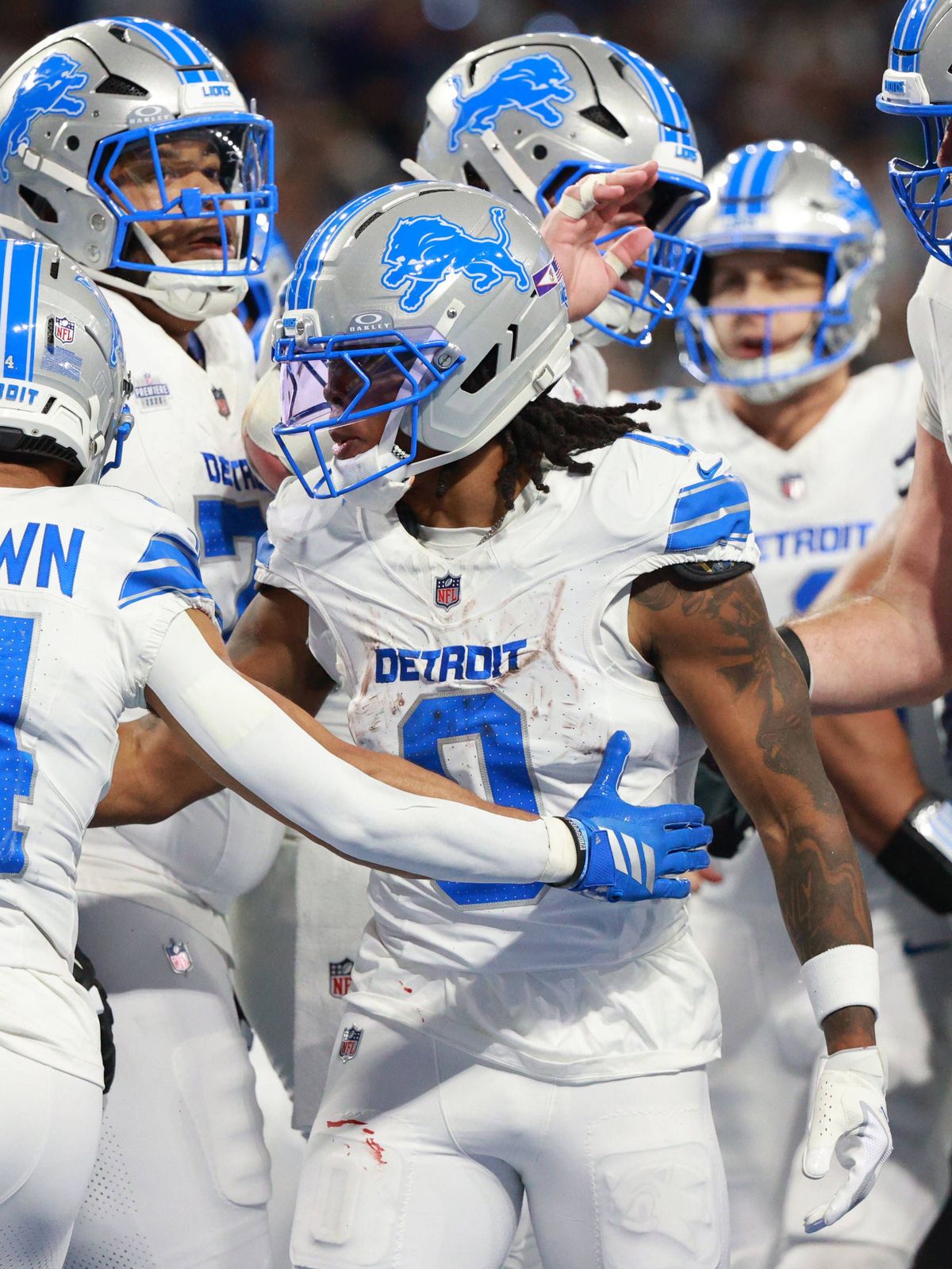 Dallas Cowboys vs Detroit Lions DETROIT,MICHIGAN-DECEMBER 4: Detroit Lions running back Jahmyr Gibbs 0 celebrates after scoring a touchdown during the first half of an NFL, American Football Herren...