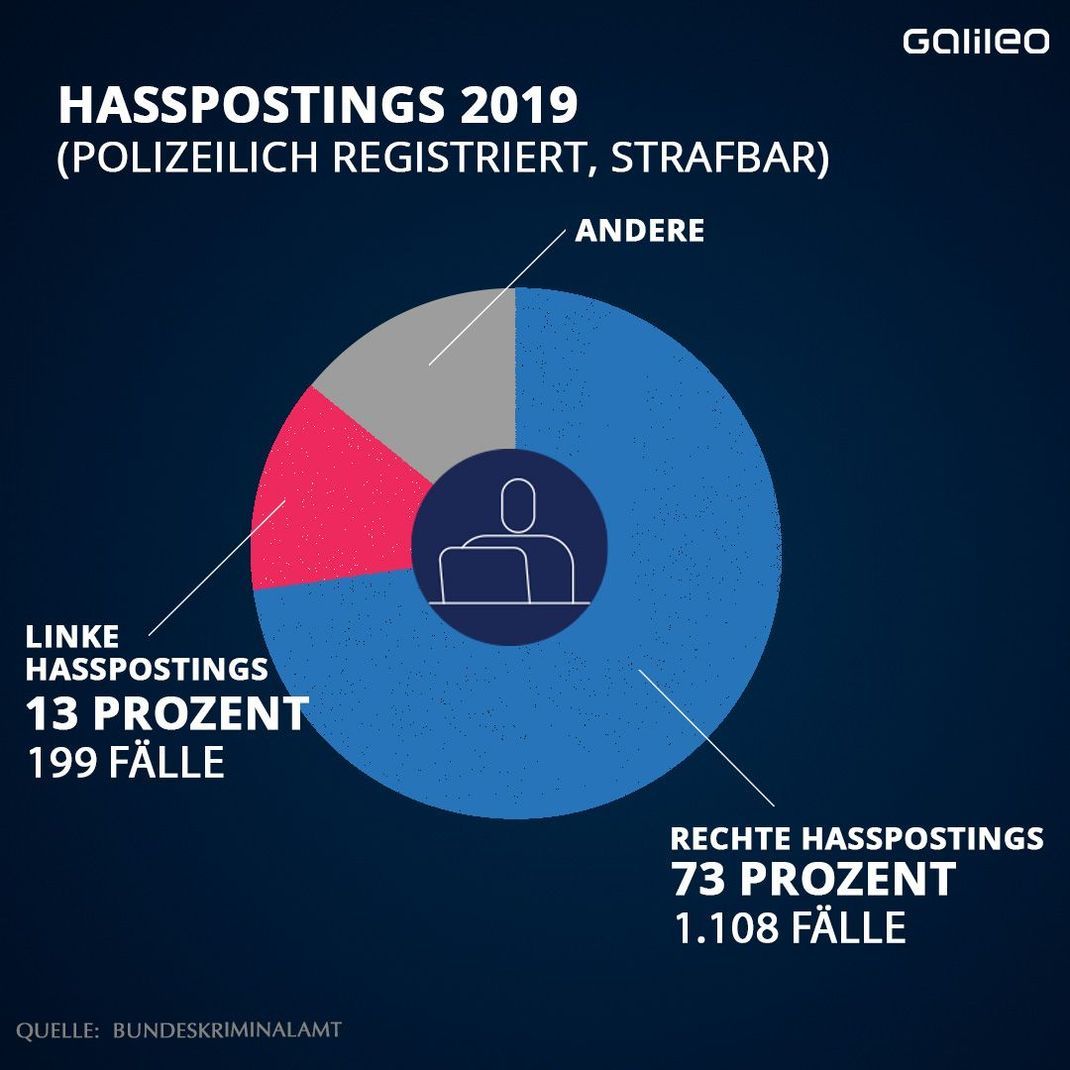 Hasspostings, die polizeilich registriert sind, werden unterteilt nach politischer Gesinnung. 