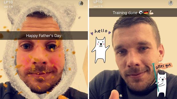 
                <strong>Snapchat-Geschichte des Lukas Podolski</strong><br>
                Am dritten Juni-Sonntag ist in vielen Ländern "Vatertag". So grüßte der zweimalige Papa Podolski via Snapchat und "Baby-Filter" seine Follower. Auf sein abgeschlossenes Training ist er ebenfalls stolz.
              
