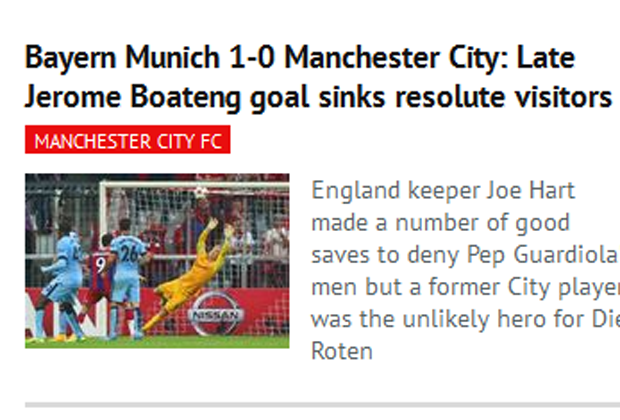 
                <strong>Daily Mirror</strong><br>
                Der Daily Mirror stellt ManCity ein gutes Zeugnis aus - trotz Last-Minute-Niederlage. "Spätes Boateng-Tor lässt energische Gäste untergehen."
              